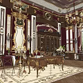 Ornate Luxurious Interior With Marble Columns Large Window Chandeliers And Curtains