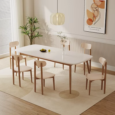 White Oval Wooden Dining Table Set With Six Chairs Fruit Vase And Pendant Light 3d model