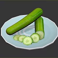 Two Whole Fresh Green Cucumbers With Sliced Pieces On Blue Plate