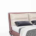 Modern Double Bed With Pink Leather Headboard Beige Cushions Gray Pillows And Checkered Blanket