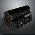 Gothic Church Building With Stained Glass Windows Arched Stone Masonry And Cross On Roof