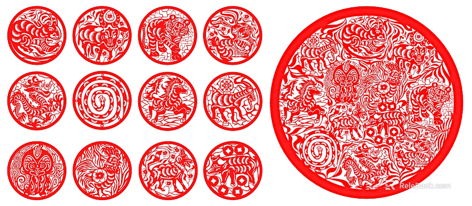 Red Circular Paper Cuttings With Intricate Animal Patterns And Traditional Art Design 3d model 