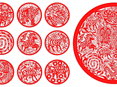 Red Circular Paper Cuttings With Intricate Animal Patterns And Traditional Art Design 3d model
