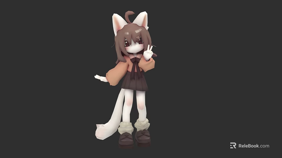 Cute Cartoon Character With Cat Ears Tail Brown Coat And Peace Sign Gesture 3d model 