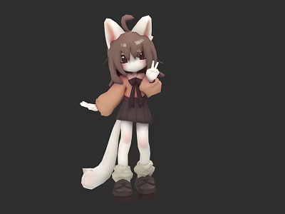 Cute Cartoon Character With Cat Ears Tail Brown Coat And Peace Sign Gesture 3d model