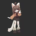 Cute Cartoon Character With Cat Ears Tail Brown Coat And Peace Sign Gesture