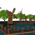 Waterfront Landscape With Wooden Bridges Windmills Green Trees And Calm Water