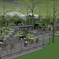 Outdoor Landscape Seats Surrounded by Trees and Green Plants in Garden Area with Tables