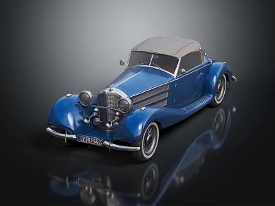 Classic Blue Convertible Car Featuring Vintage Chrome Grille Round Headlights On Black Reflective Surface 3d model
