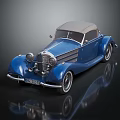 Classic Blue Convertible Car Featuring Vintage Chrome Grille Round Headlights On Black Reflective Surface