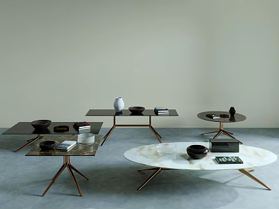 Modern Coffee Tables With Marble Tops And Metal Legs Featuring Decorative Items And Books 3d model