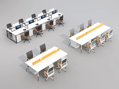 Multiple Modern Office Desks with Partition Panels and Ergonomic Chairs in Open Workspace Setup 3d model
