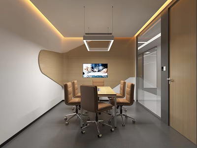 Modern Bright Meeting Room Interior With Wooden Accent Wall Conference Table And Comfortable Office Chairs 3d model