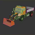 Orange Utility Vehicle With Snow Plow Attachment Truck Bed And Reflective Stripes