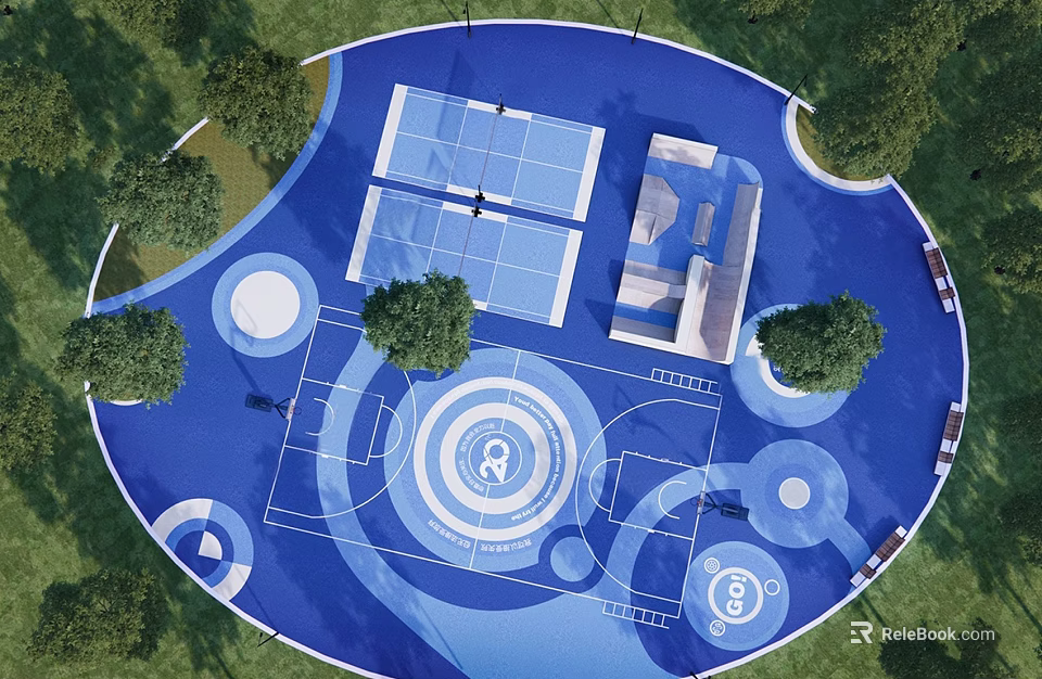 Basketball Court With Circular Design Blue Surface Surrounding Trees And Entrance Layout 3d model 