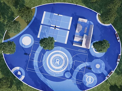 Basketball Court With Circular Design Blue Surface Surrounding Trees And Entrance Layout 3d model
