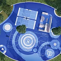 Basketball Court With Circular Design Blue Surface Surrounding Trees And Entrance Layout