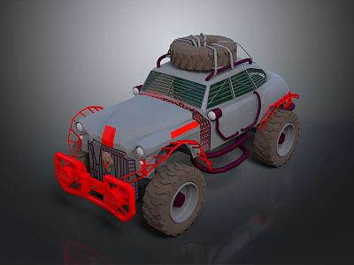 Off Road Vehicle With Large Tires Red Bumper And Spare Tire On Roof 3d model
