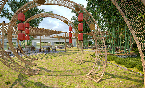 New Chinese Park Bamboo Culture Park Bamboo Forest Village Leisure Scenic Spot Farmhouse Bamboo Gate Rest Pavilion 3d model