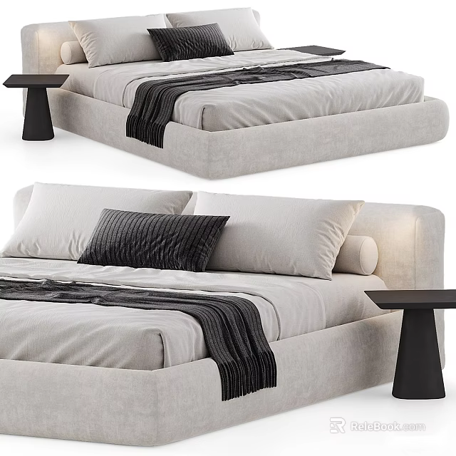 Elegant Modern Light Gray Upholstered Double Bed With Bedside Table Pillows And Black Blanket 3d model 