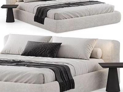 Elegant Modern Light Gray Upholstered Double Bed With Bedside Table Pillows And Black Blanket 3d model