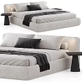 Elegant Modern Light Gray Upholstered Double Bed With Bedside Table Pillows And Black Blanket 3d model