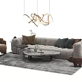 Modern Sofa Coffee Table Combination With Plush Pillows Gray Rug And Pendant Lights 3d model