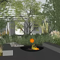 Lush Courtyard Garden With Burning Fire Pit Green Plants Cacti Trees Stone Pathways And Lawn