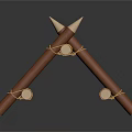 Primitive Handmade Triangular Defensive Structure With Wooden Sticks Ropes And Spikes