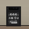 Black Kitchen Dish Sterilizer with Plates Bowls Utensils Inside Against Beige Wall Wooden Floor