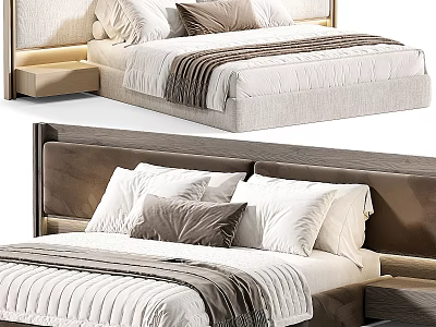 Modern Double Bed With Wooden Headboard Decorative Pillows And Striped Blanket In Bedroom Interior 3d model