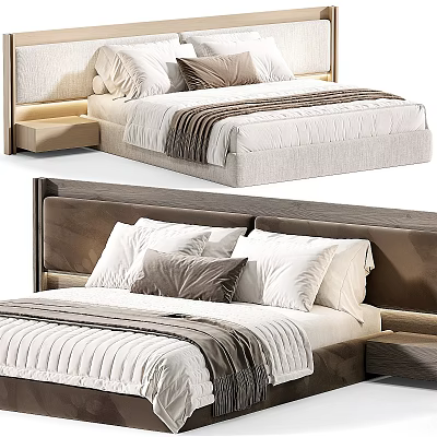 Modern Double Bed With Wooden Headboard Decorative Pillows And Striped Blanket In Bedroom Interior 3d model