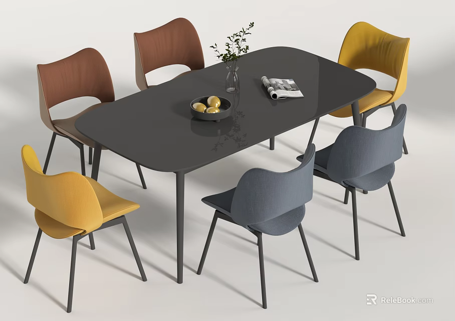 Modern Oval Black Dining Table Set With Six Brown Yellow Gray Chairs Fruit Bowl Magazine 3d model 