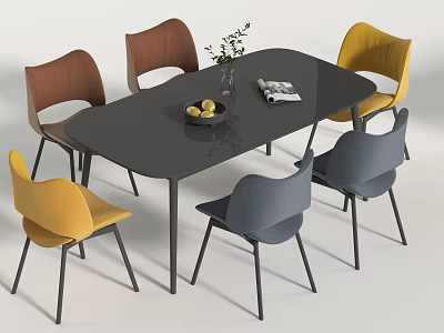 Modern Oval Black Dining Table Set With Six Brown Yellow Gray Chairs Fruit Bowl Magazine 3d model