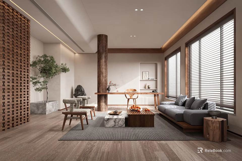 Modern Living Room Interior With Wooden Screen Large Windows Sofa And Coffee Table 3d model 