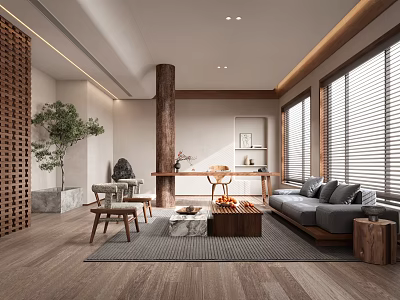 Modern Living Room Interior With Wooden Screen Large Windows Sofa And Coffee Table 3d model