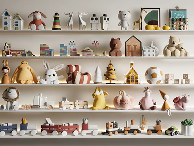 Plush Stuffed Toys with Animal Figures Toy Houses and Wooden Cars on Shelf 3d model