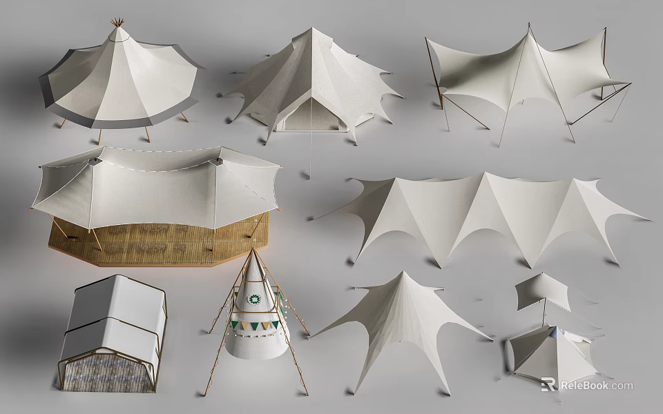 Various Styles of Outdoor Tents with Unique Structures and Canvas Material 3d model 