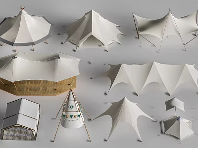 Various Styles of Outdoor Tents with Unique Structures and Canvas Material 3d model