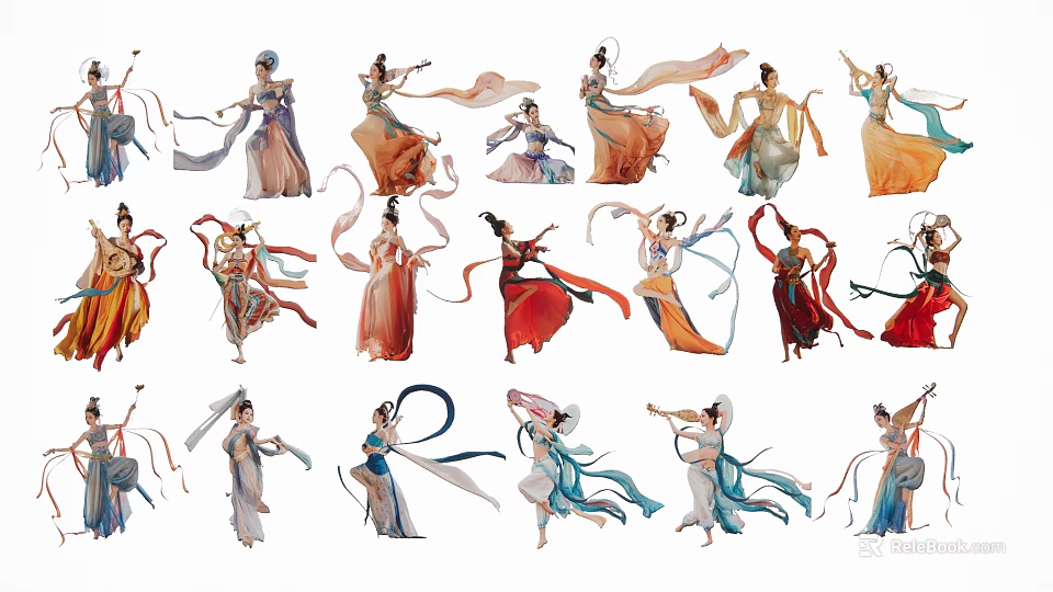 Multiple Traditional Dancers Performing Elegant Classical Dance With Flowing Ribbons And Colorful Traditional Costumes 3d model 