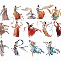 Multiple Traditional Dancers Performing Elegant Classical Dance With Flowing Ribbons And Colorful Traditional Costumes
