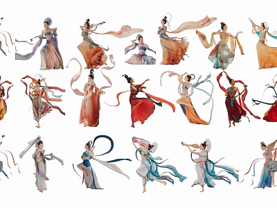 Multiple Traditional Dancers Performing Elegant Classical Dance With Flowing Ribbons And Colorful Traditional Costumes 3d model