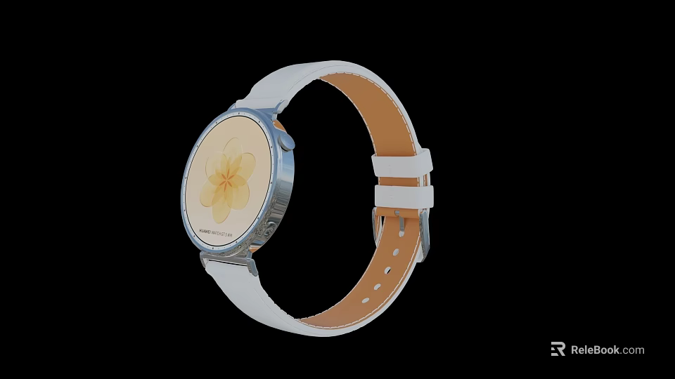 Digital Smartwatch With White Leather Strap Brown Inner Lining Yellow Flower Dial Silver Metal Bezel 3d model 