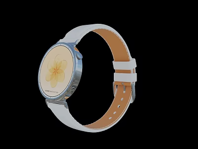 Digital Smartwatch With White Leather Strap Brown Inner Lining Yellow Flower Dial Silver Metal Bezel 3d model