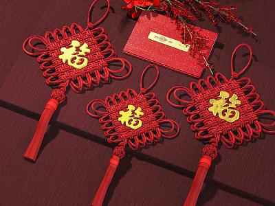 Red Chinese Knot Ornaments With Golden Fu Characters and Red Decorative Card for Festive Decoration 3d model