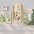 Abstract Paintings Featuring Green Leaf Patterns Floral Elements And Gold Frames On White Wall 3d model