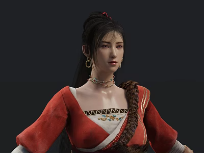 Woman In Red Traditional Dress With Long Braid Earrings Necklace And Floral Patterns 3d model