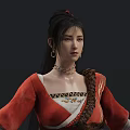 Woman In Red Traditional Dress With Long Braid Earrings Necklace And Floral Patterns