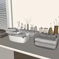 Soft Absorbent Towels in Neutral Tones Displayed on Table with Storage Containers and Bathroom Accessories