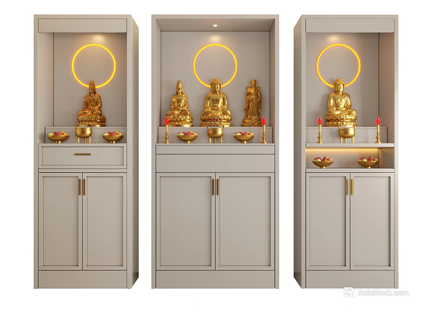 Light Gray Buddhist Shrine Cabinet with Golden Buddha Statues Offerings and Circular Halo Lights 3d model 